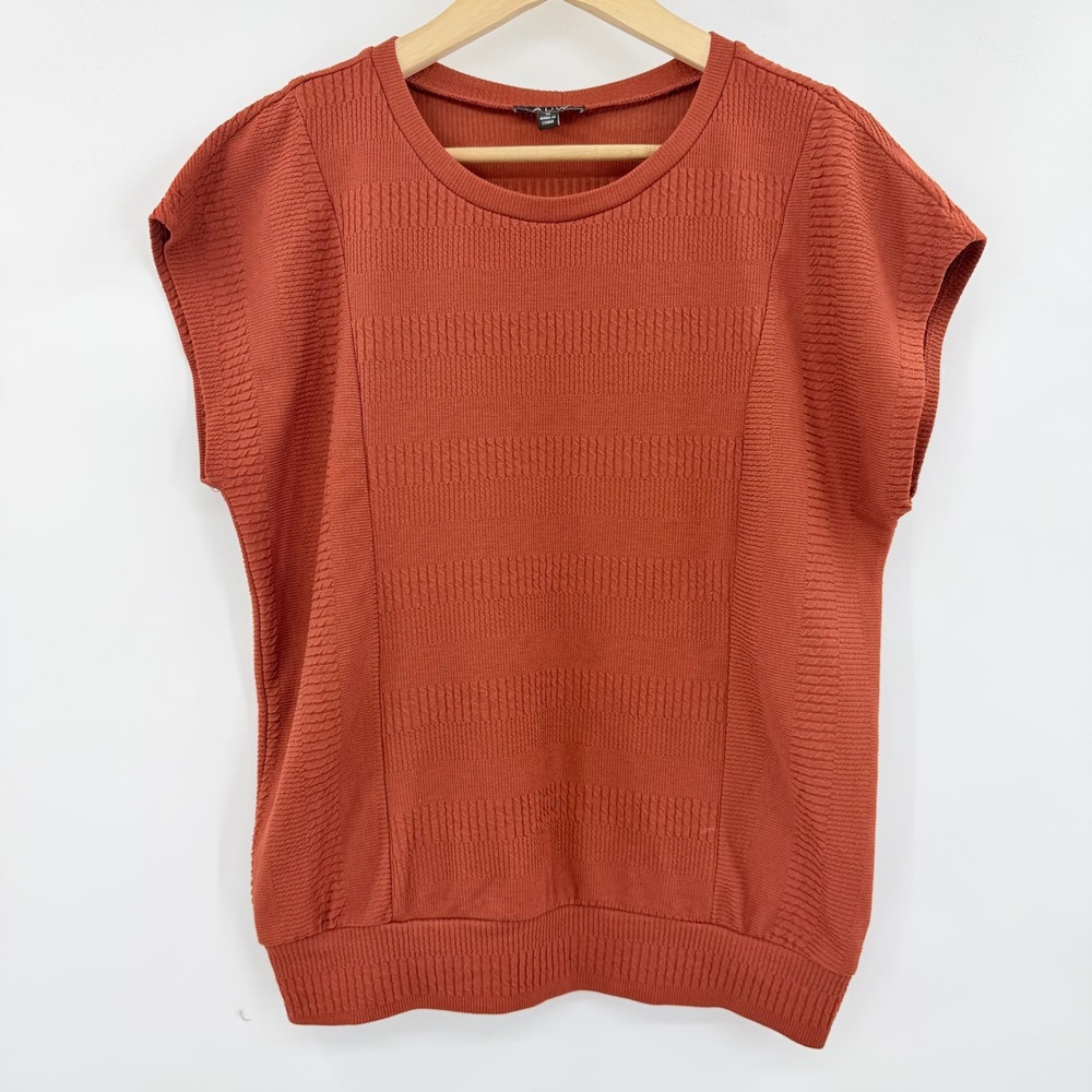 AUW Womens Rust Orange Textured Knit Cap Sleeve Crew Neck Top Size M